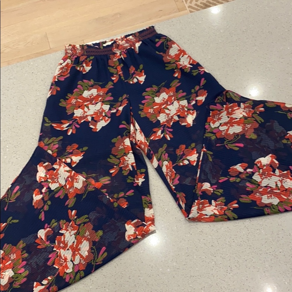 Navy blue, pink and red floral long wide pants